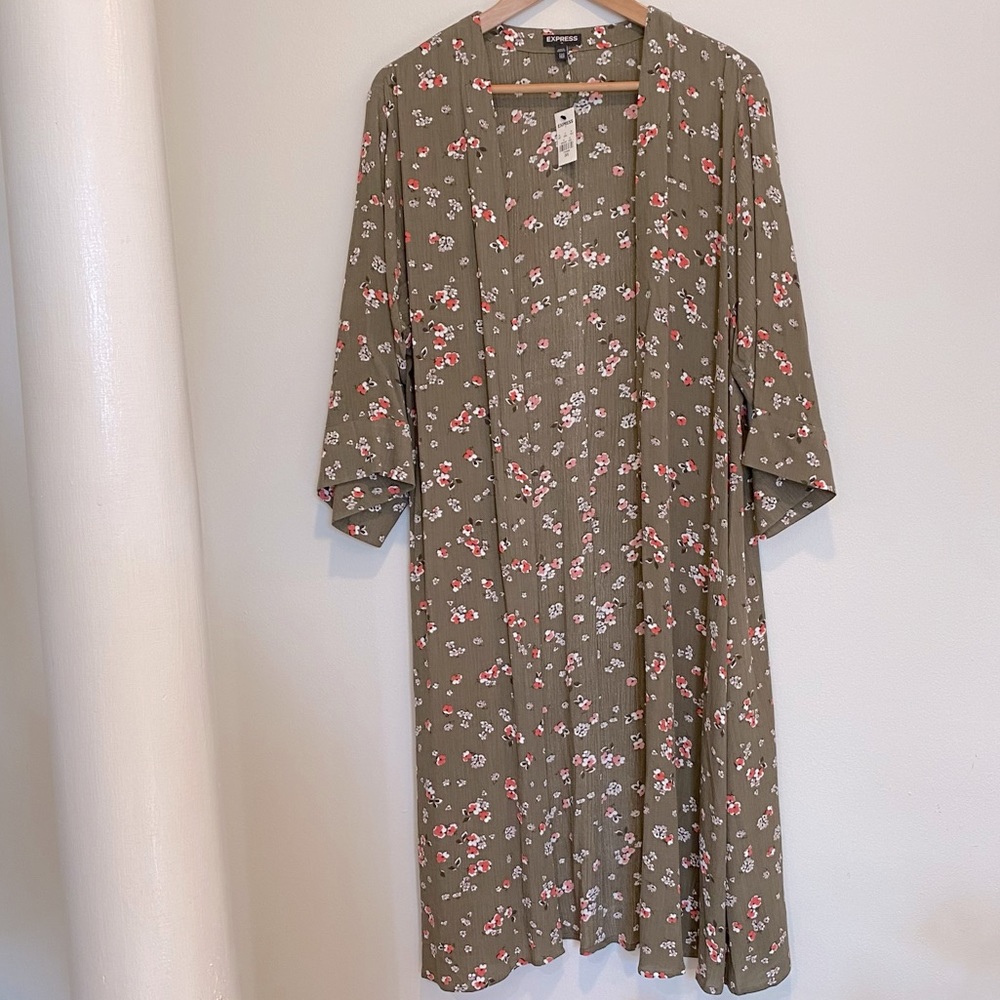 Express long olive green floral kimono coverup